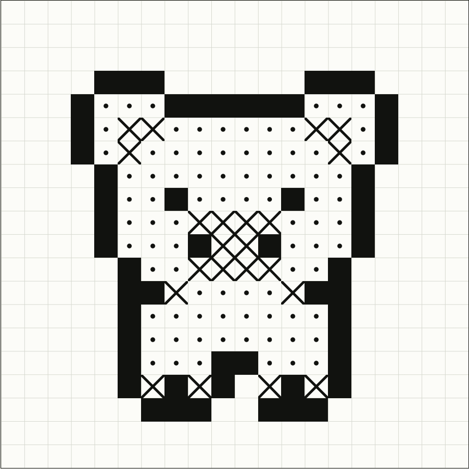 Cerdito dibujado con puntos, equis y bloques en una cuadrícula de 20 × 20 celdas.