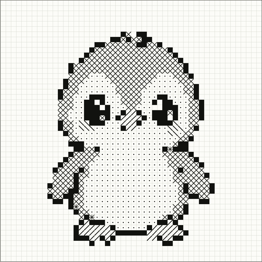 Pingüino dibujado con puntos, diagonales y bloques en una cuadrícula de 50 × 50 celdas.