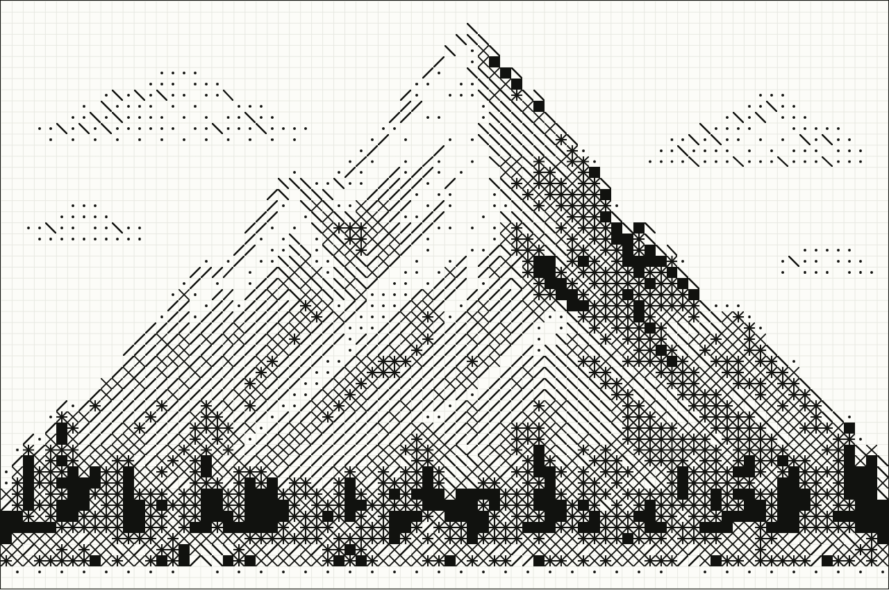 Montaña nevada dibujada con diagonales, equis y bloques en una cuadrícula de 80 × 53 celdas.